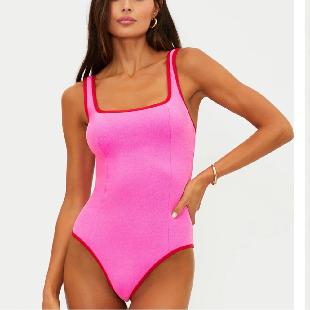 Beach Riot Caia One Piece Electric Pink Hot Swimsuit Red Trim
